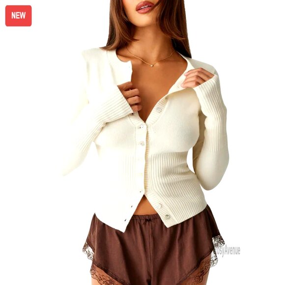 Cropped Ribbed Cardigan Button Front Long Sleeve Cotton Blend Slim Fit